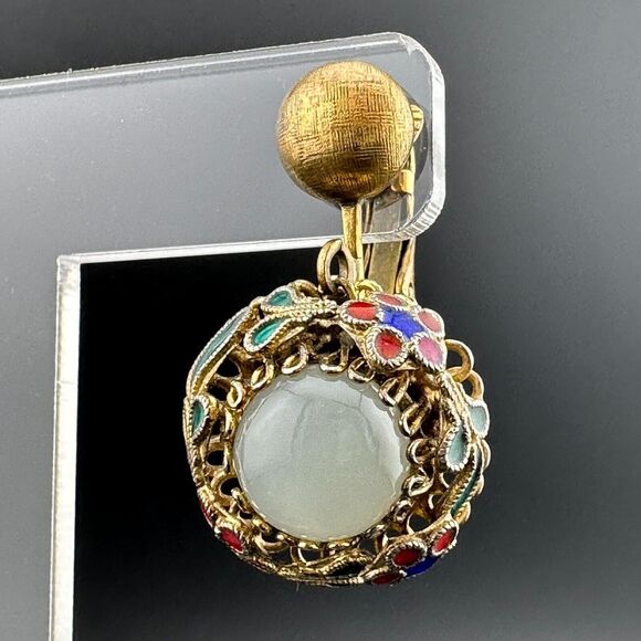 Vintage Clip-on Earrings Vermeil Gold Over Silver Cloisonne White Nephrite Jade - Picture 6 of 12